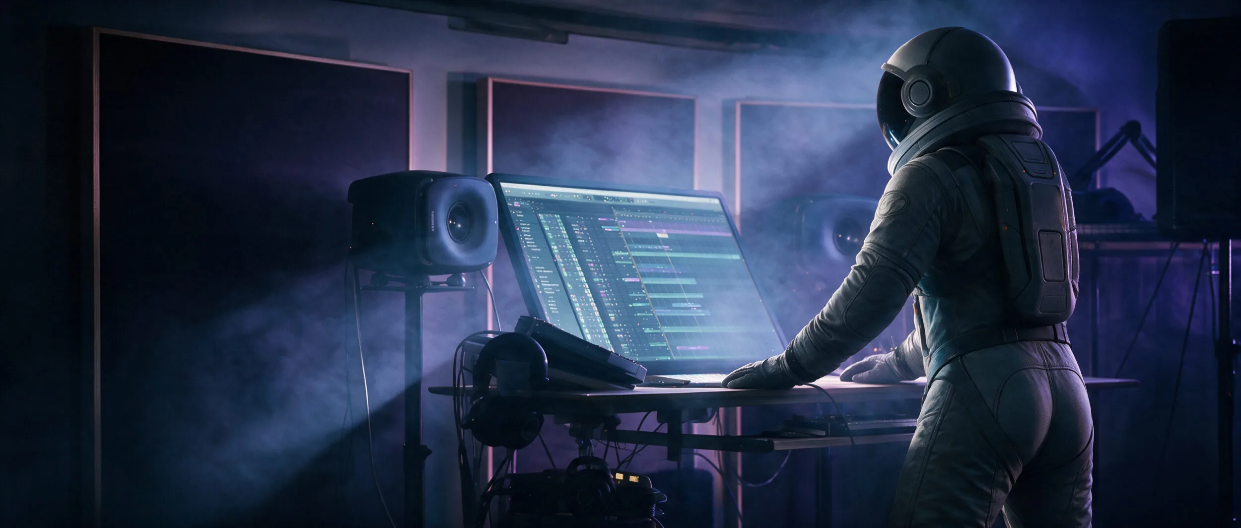 The Estana astronaut standing at the studio desk in atmospheric blue and violet light